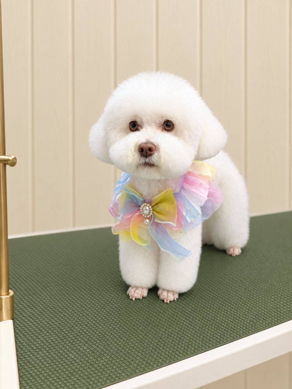 A freshly groomed white Bichon Frise wearing a pastel rainbow bow