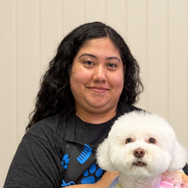 Samantha holding a freshly groomed white Bichon Frise in a rainbow bow