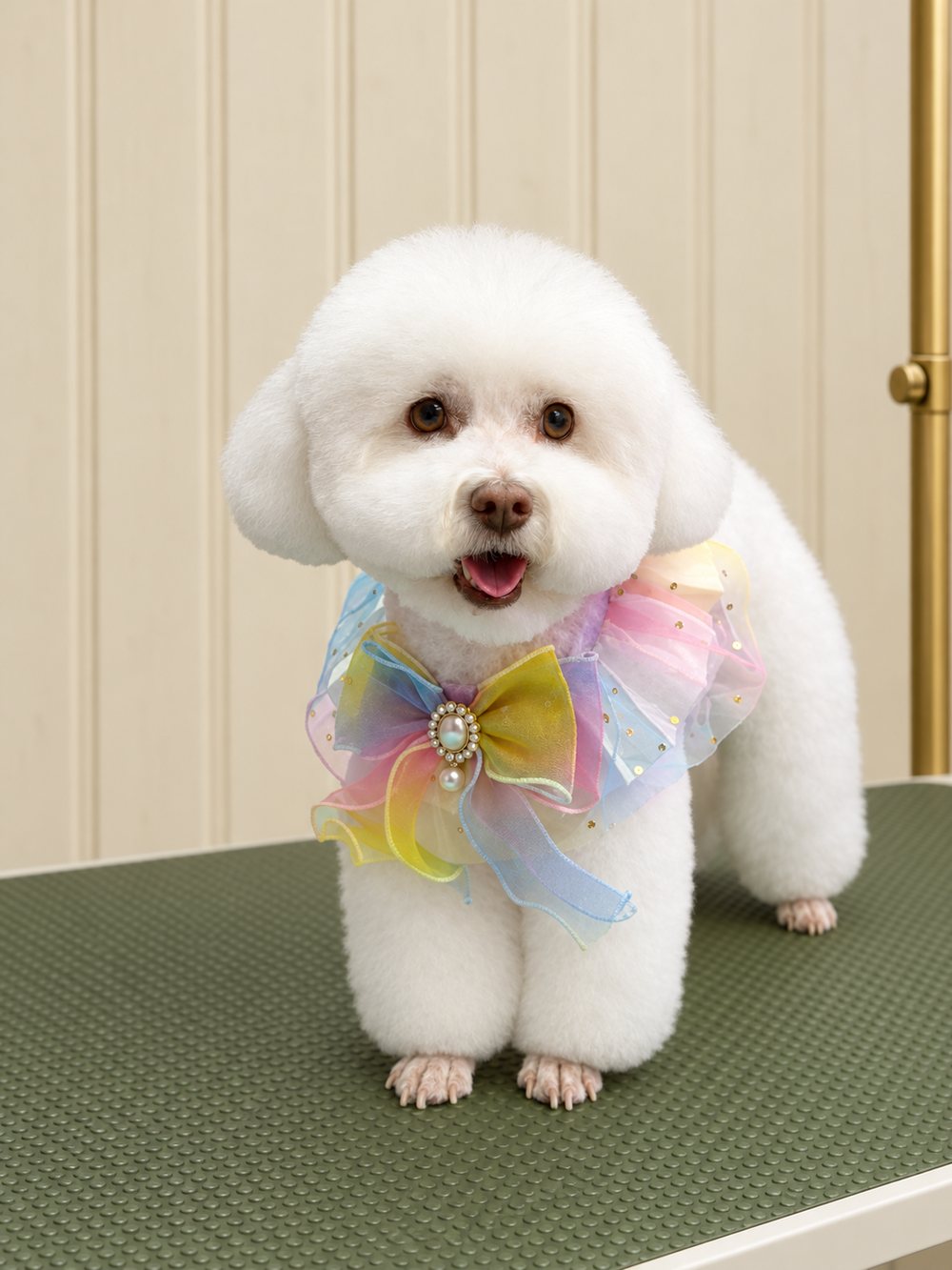 A smiling white Bichon Frise with a round scissored head and a pastel rainbow bow