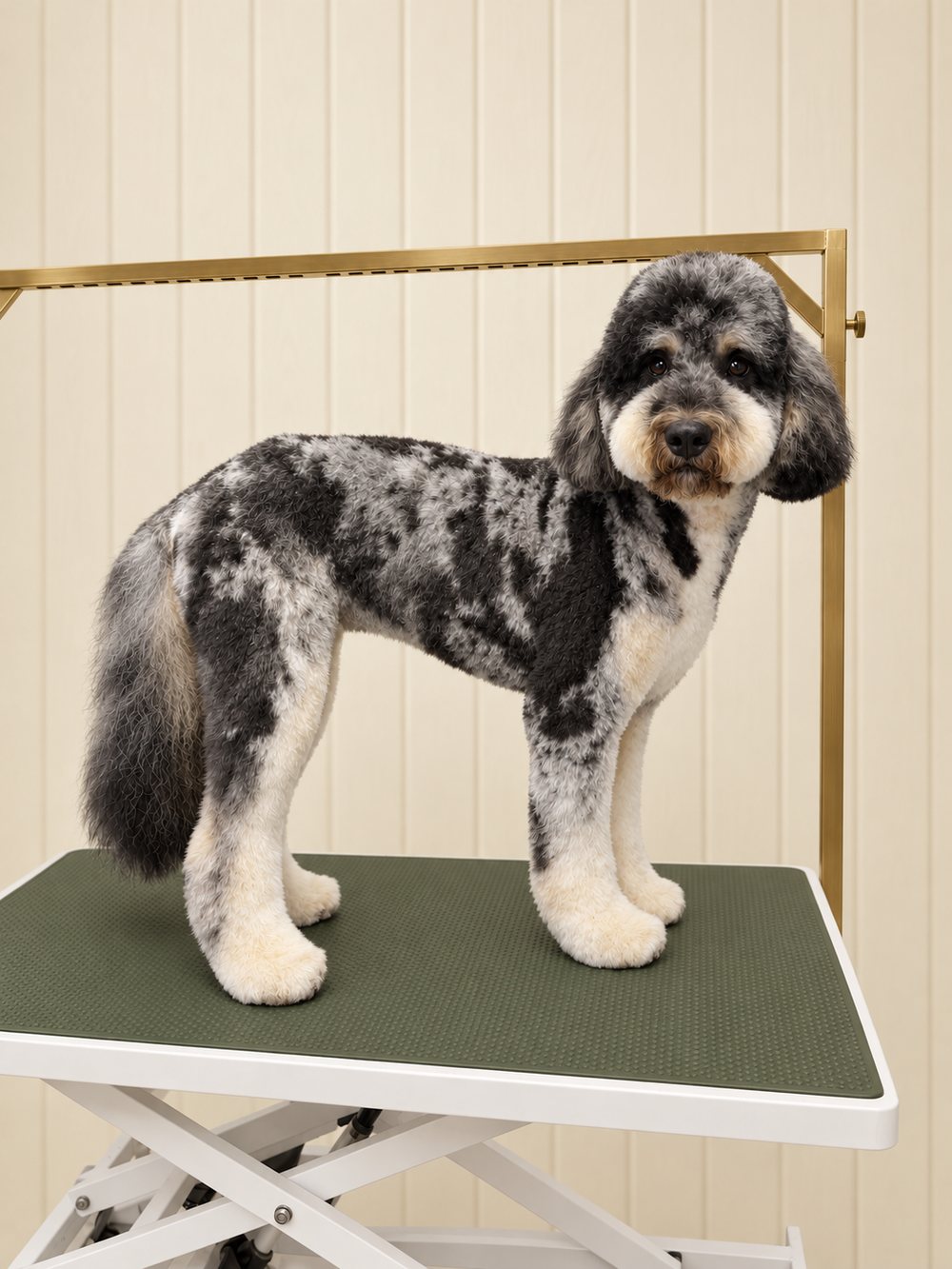A blue merle doodle with a fresh trim standing in profile on the grooming table